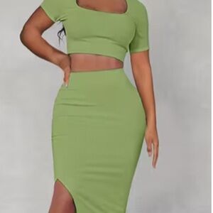 Green Ribbed Square-Neck Crop Top & Skirt Set